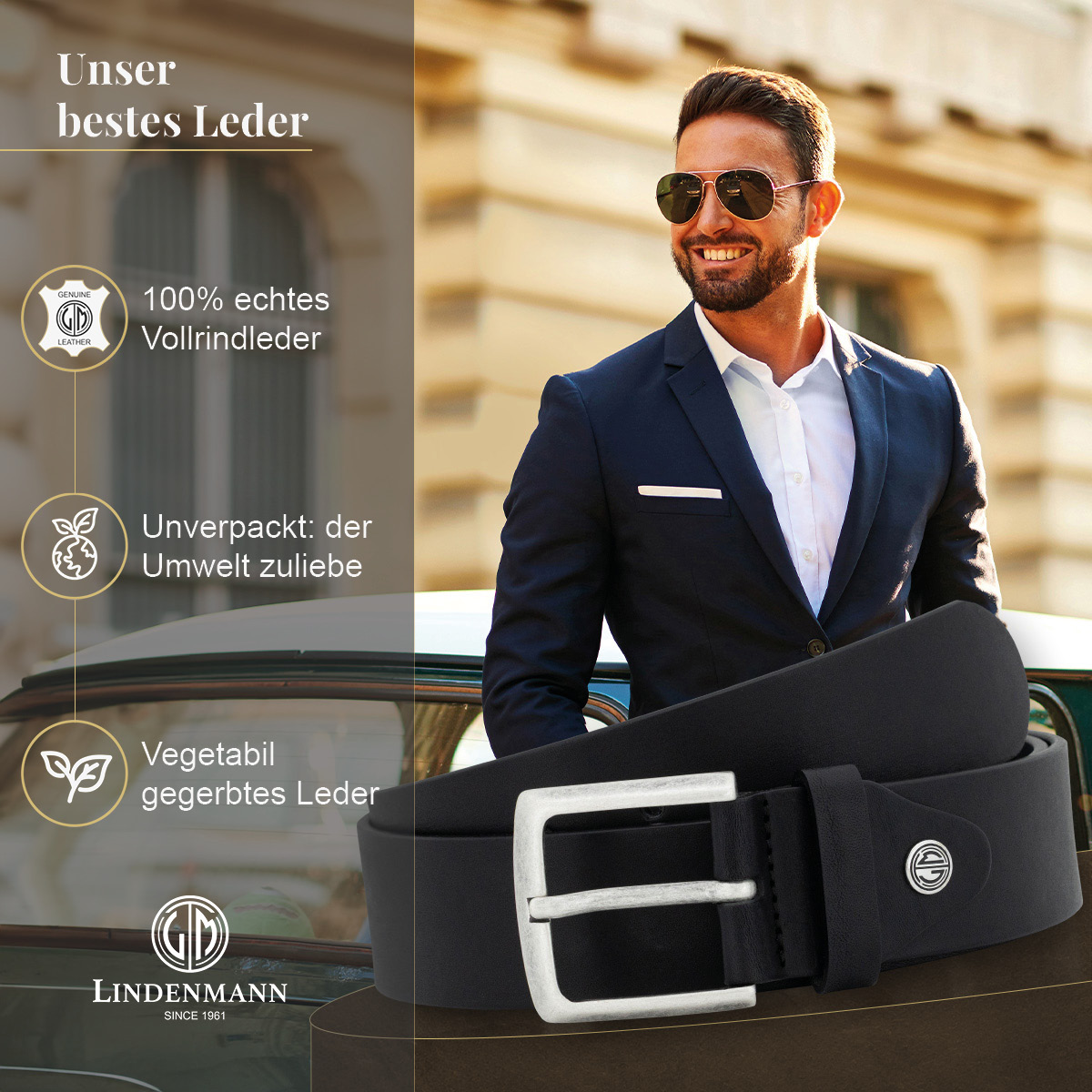 LINDENMANN Vollrindledergürtel Herren Tiefschwarz