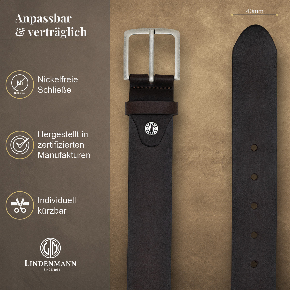 LINDENMANN Vollrindledergürtel Herren Schokoladenbraun