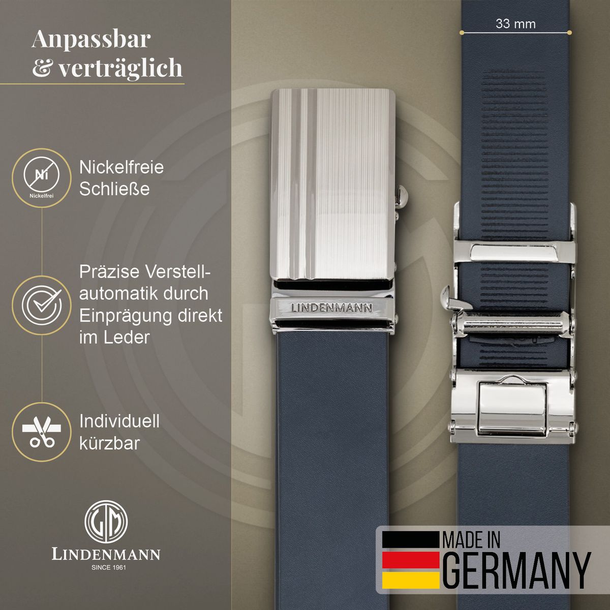 LINDENMANN Ledergürtel Automatikgürtel Herren blau