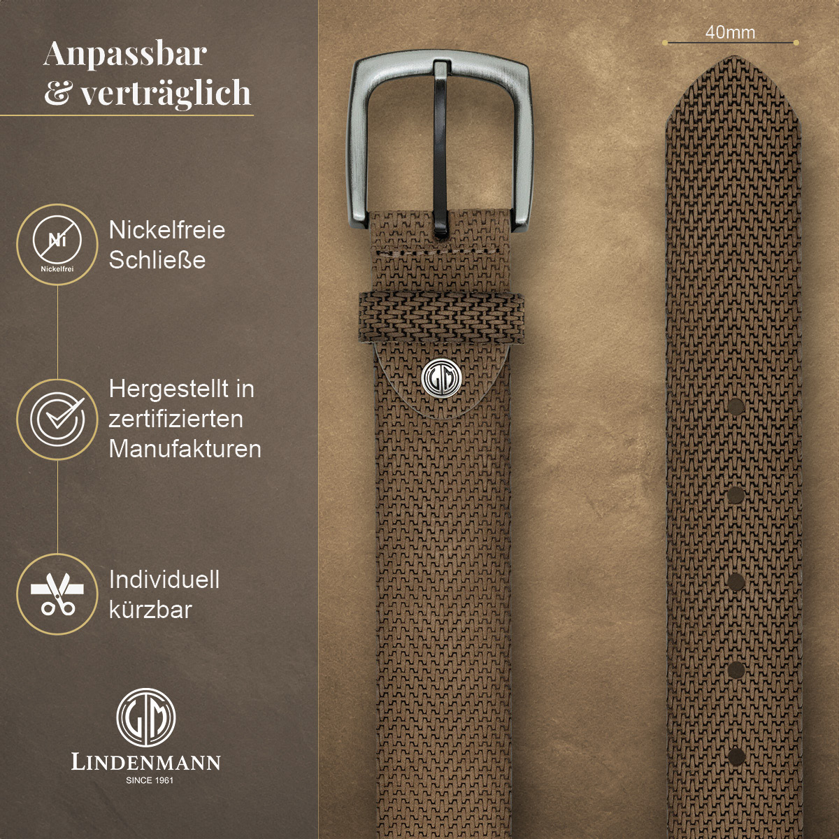 LINDENMANN Vollrindledergürtel Herren Taupe