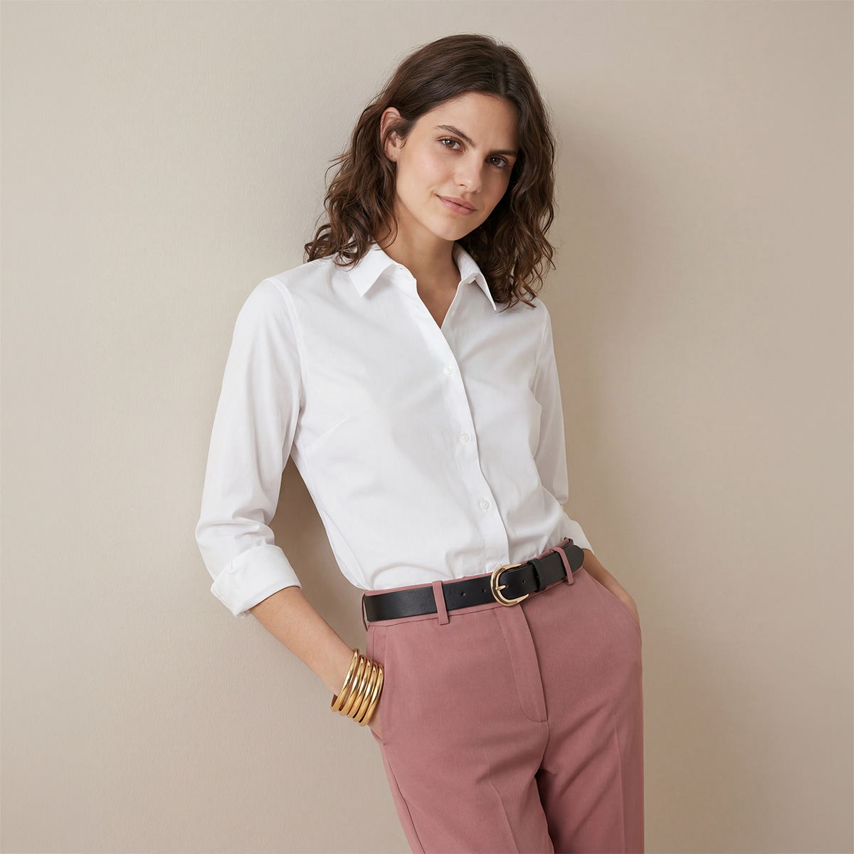 weißes hemd, Knopfhemd, Kragenhemd, rosa hose, schwarzer gürtel, LINDENMANN Vollrindledergürtel Damen schwarz