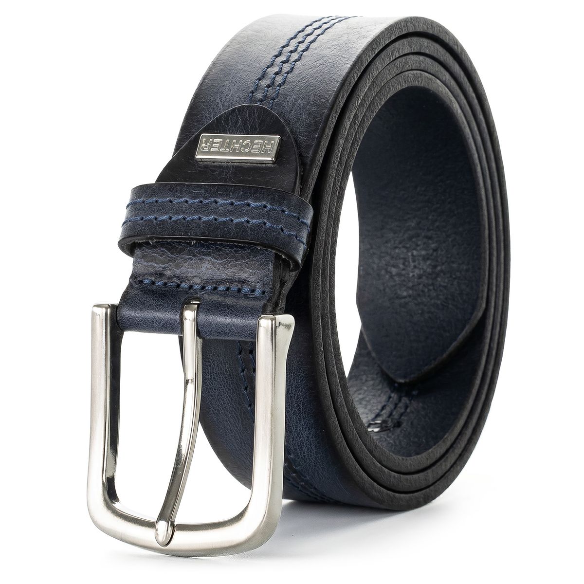 Gürtel, Leder, Blau, Silberner Schnalle, Doppelte Naht, HECHTER Paris Herren Casual 100% Echtledergürtel marine