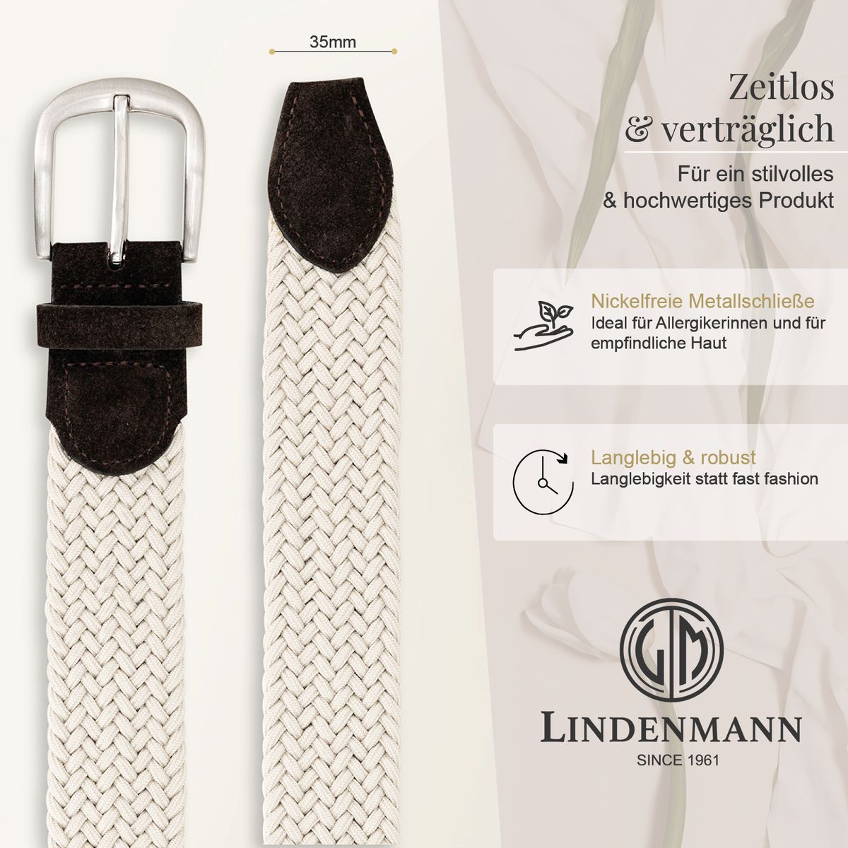 Gürtel, Canvas, Breiter, Nickelfrei, Creme/Braun, Geflecht, Gürtelschnalle, LINDENMANN Damen Flechtgürtel mit 100% echtem Rindleder an den Enden beige