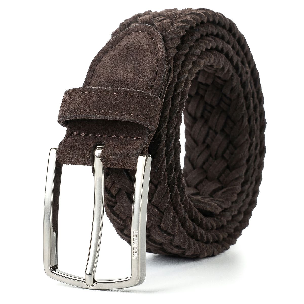 geflochten, Gürtel, braun, Leder, casual, HECHTER Paris Herren Veloursleder-Flechtgürtel aus 100% Echtleder dunkelbraun