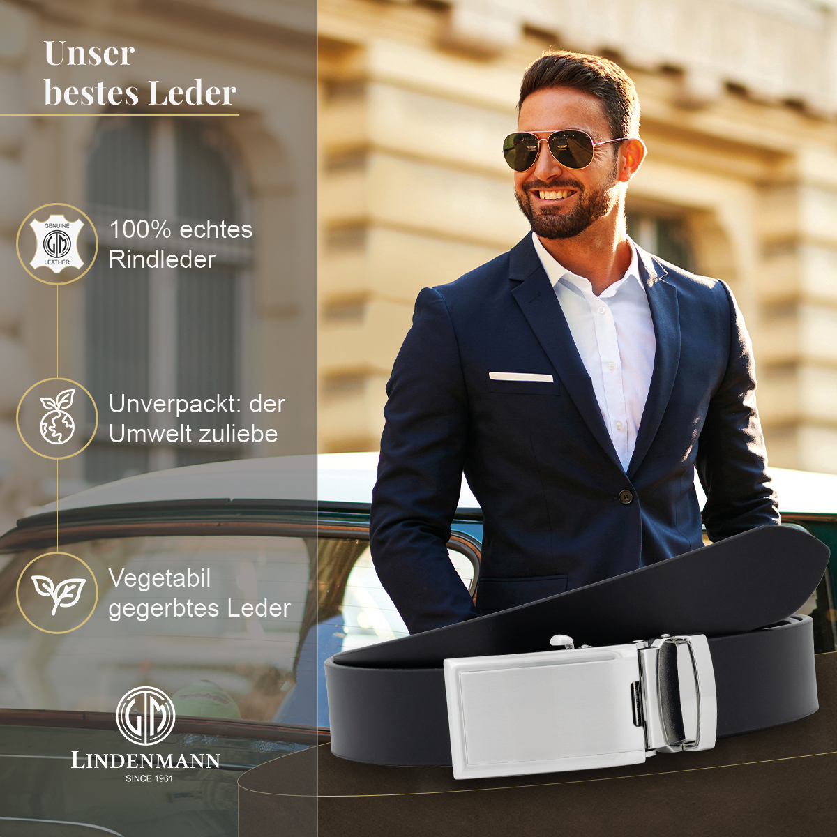 LINDENMANN eleganter Anzugautomatikgürtel für Herren aus 100% Vollrindleder in schwarz passend zu elegantem Stil