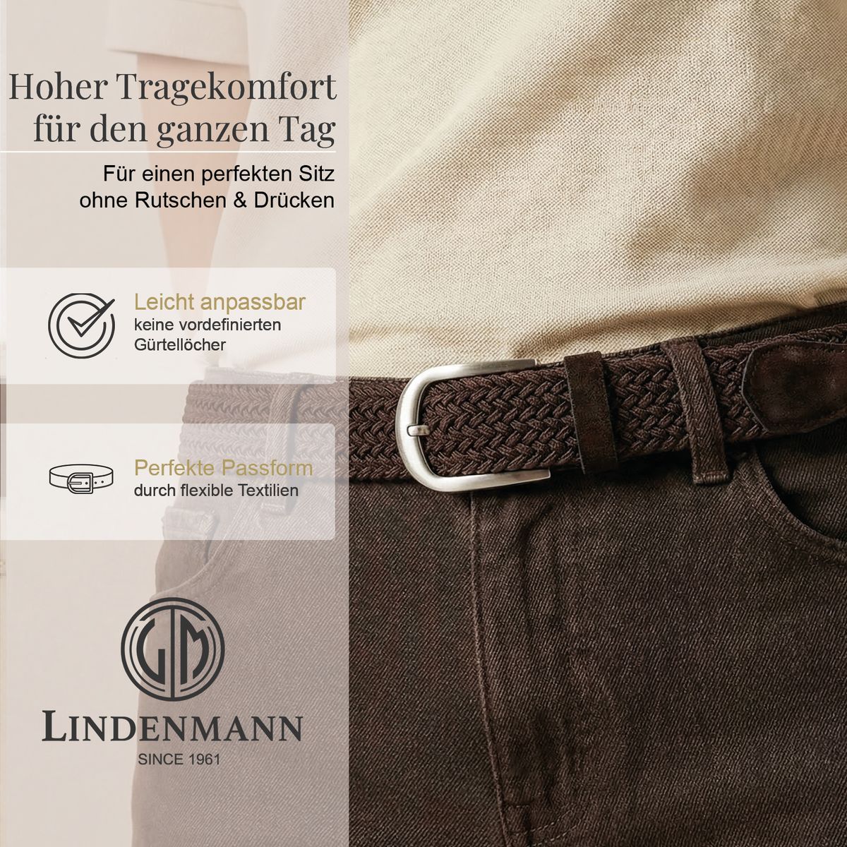 Gürtel, Braun, Leder, Webgürtel, Kombipack, LINDENMANN Damen Flechtgürtel mit 100% echtem Rindleder an den Enden dunkelbraun