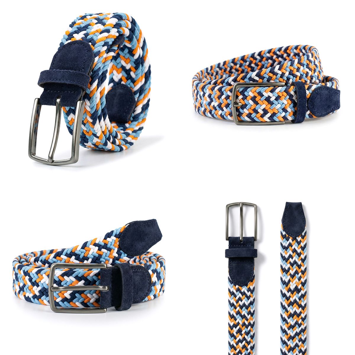 LINDENMANN Herren Flechtgürtell mit Echtlederenden mehrfarbig: marine, jeansblau, orange