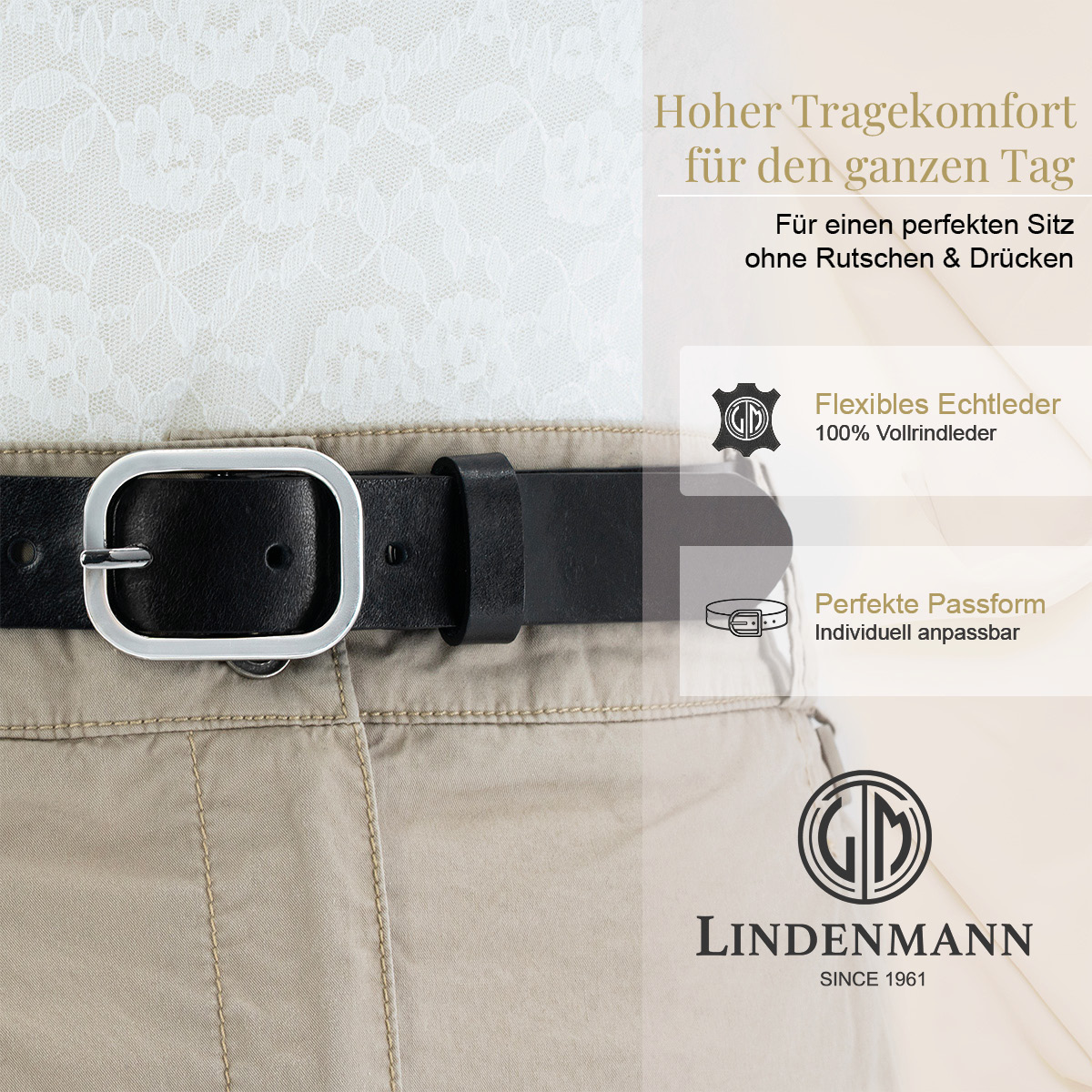 LINDENMANN Vollrindledergürtel Damen Tiefschwarz
