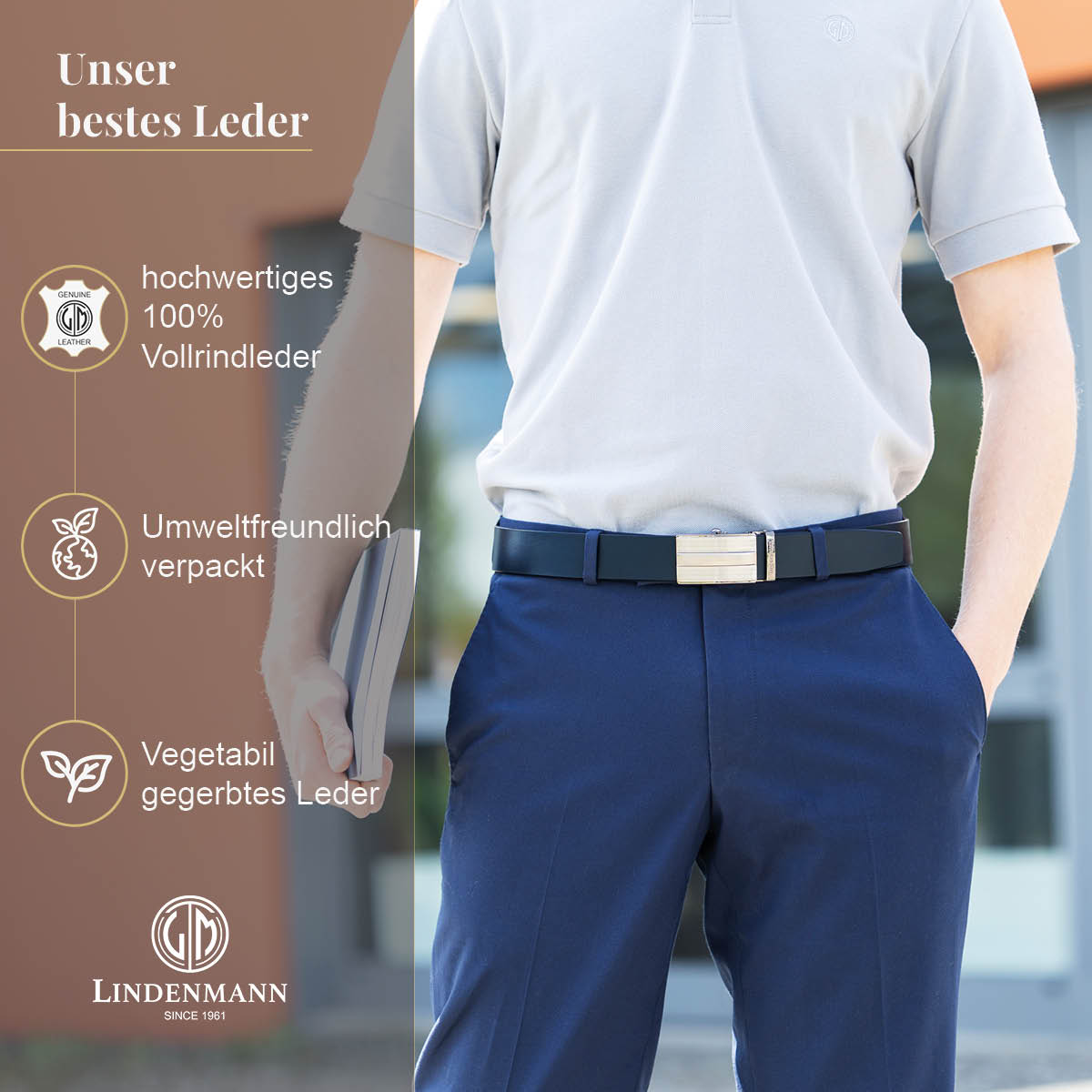 LINDENMANN Ledergürtel Automatikgürtel Herren marine