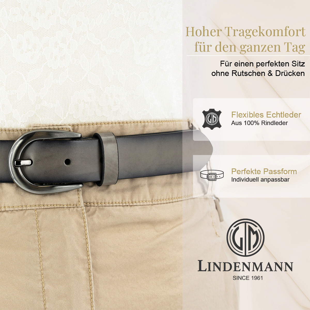 LINDENMANN Rindsleder Damengürtel Hellgrau