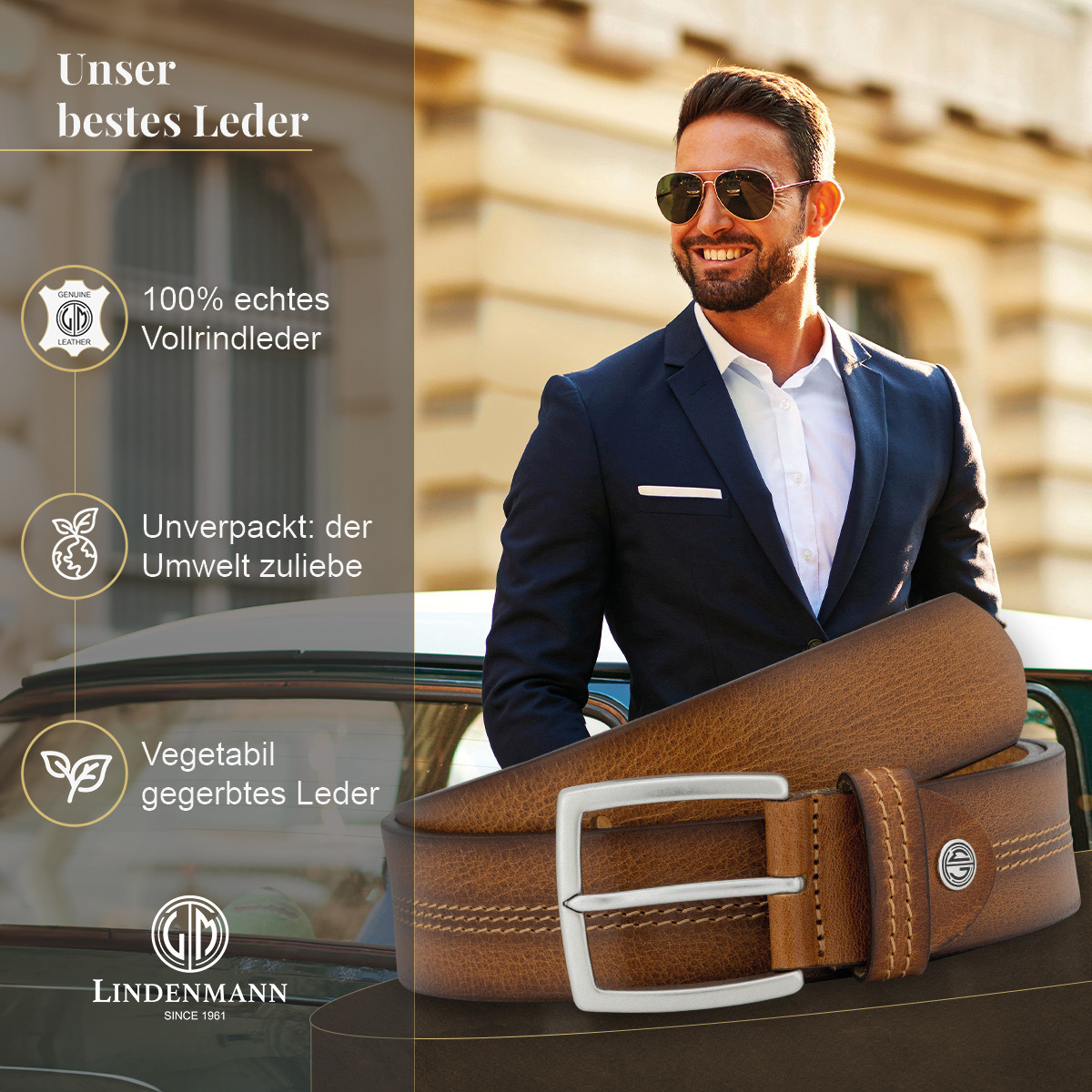 LINDENMANN Vollrindledergürtel Herren Cognac