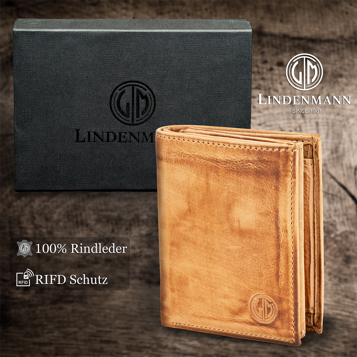 LINDENMANN Herren Leder Portemonnaie cognac