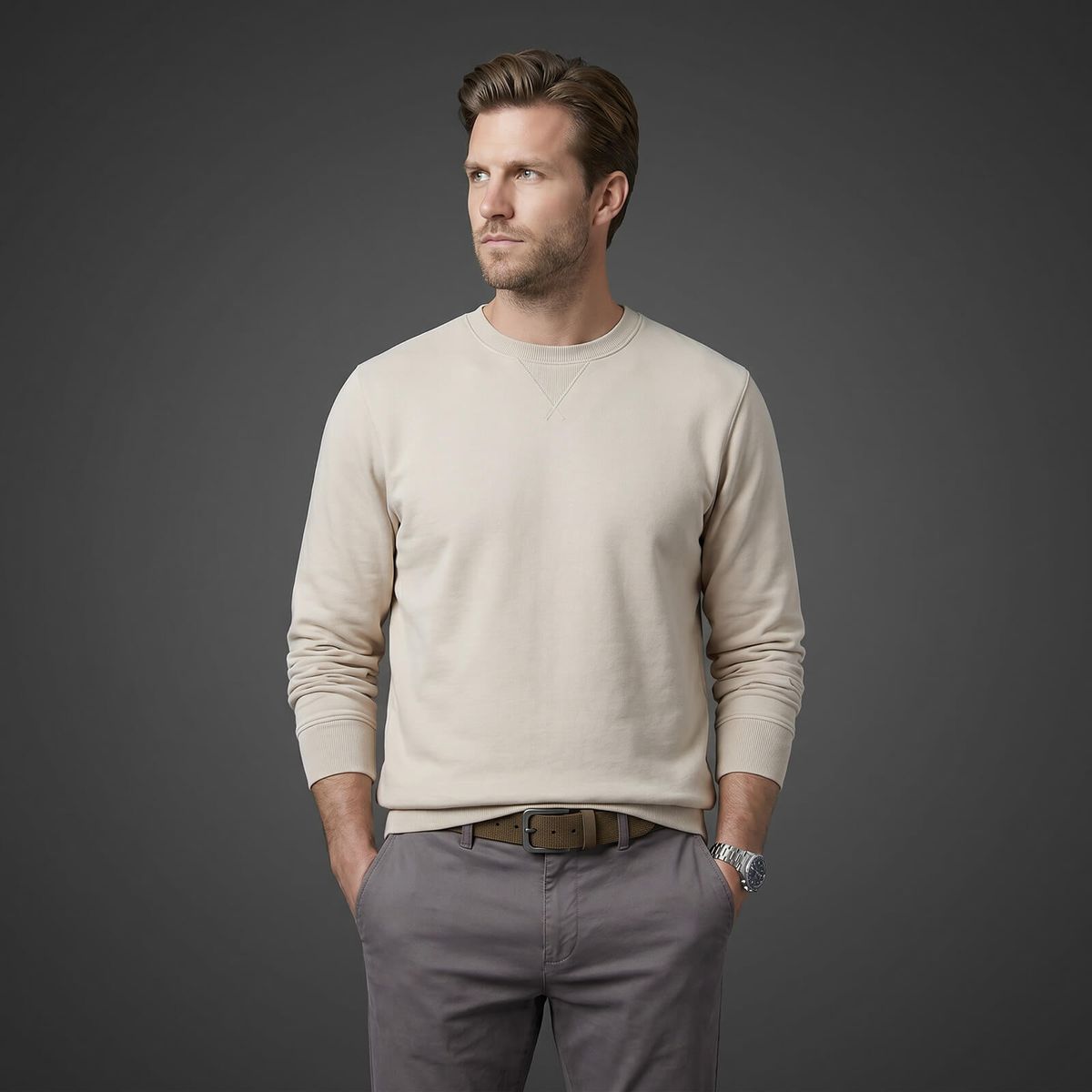 Pullover, Beige, Kragenlose Sweater, Langarm, Casual, LINDENMANN Vollrindledergürtel Herren Taupe