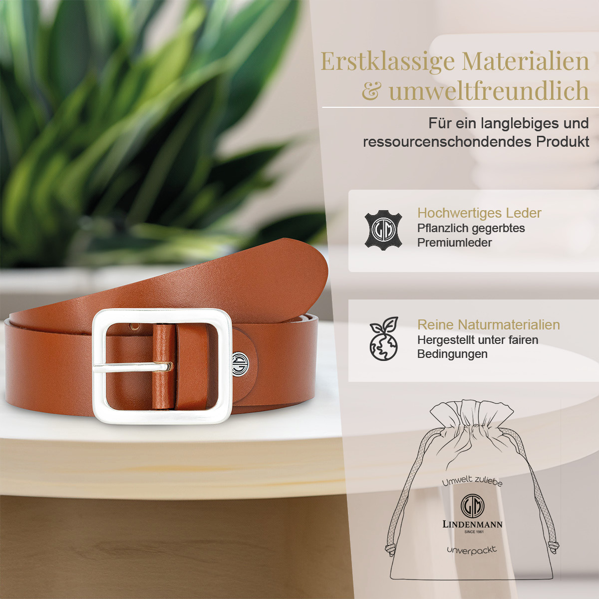 LINDENMANN Rindleder Damengürtel Cognac