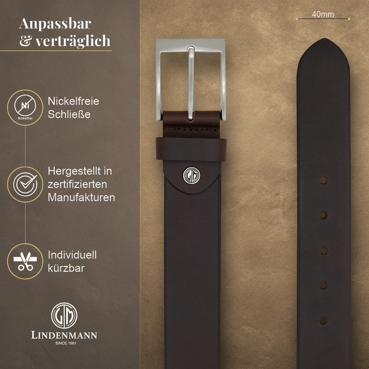 LINDENMANN Vollrindledergürtel Herren Schokoladenbraun