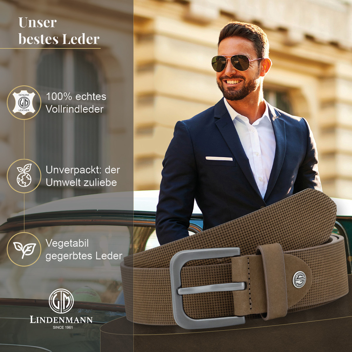 LINDENMANN Vollrindledergürtel Herren Taupe