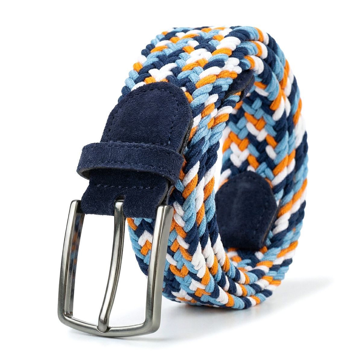 LINDENMANN Herren Flechtgürtell mit Echtlederenden mehrfarbig: marine, jeansblau, orange