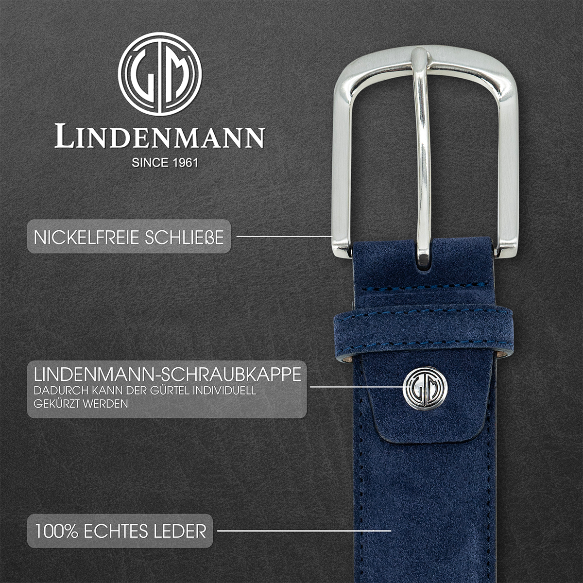 LINDENMANN Veloursleder Herrengürtel Marineblau