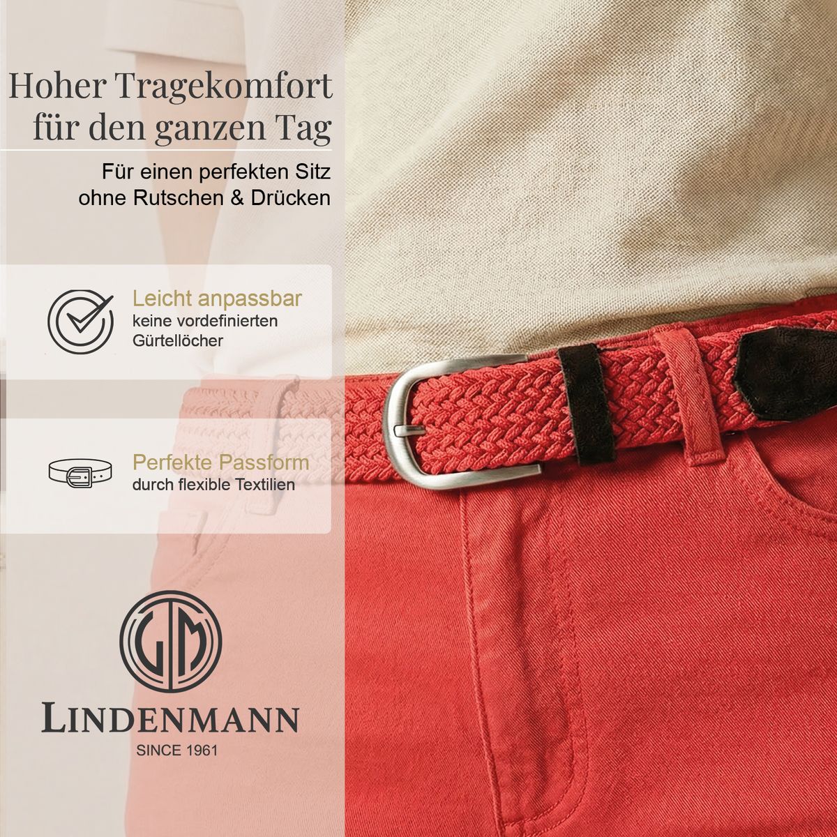 Gürtel, Rot, Kunststoffgürtel, Breiter Gürtel, Lindemann Logo, LINDENMANN Damen Flechtgürtel mit 100% echmte Rindleder an den Enden rot