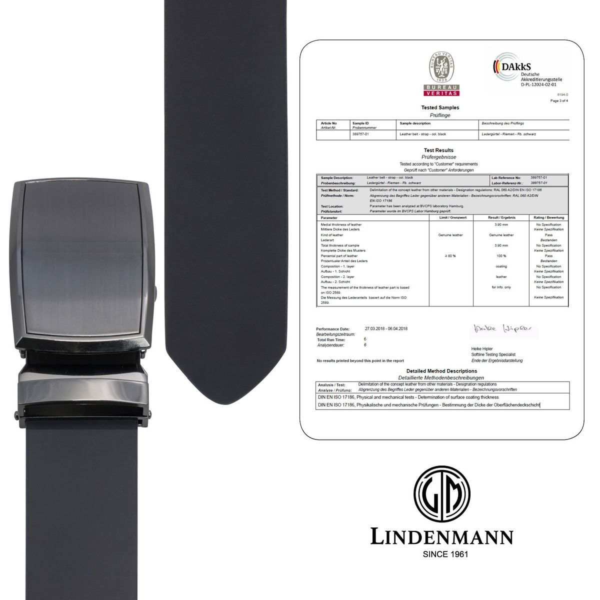 LINDENMANN Leder-Gürtel Herren Automatik 40 mm Rindleder schwarz