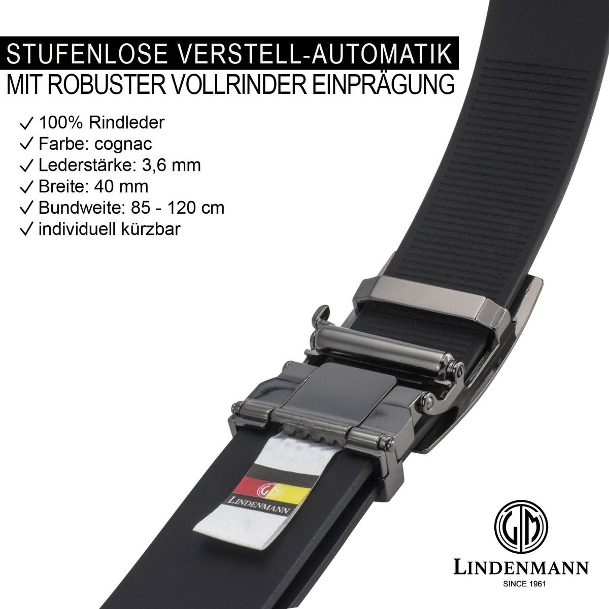 LINDENMANN Leder-Gürtel Herren Automatik 40 mm Rindleder cognac