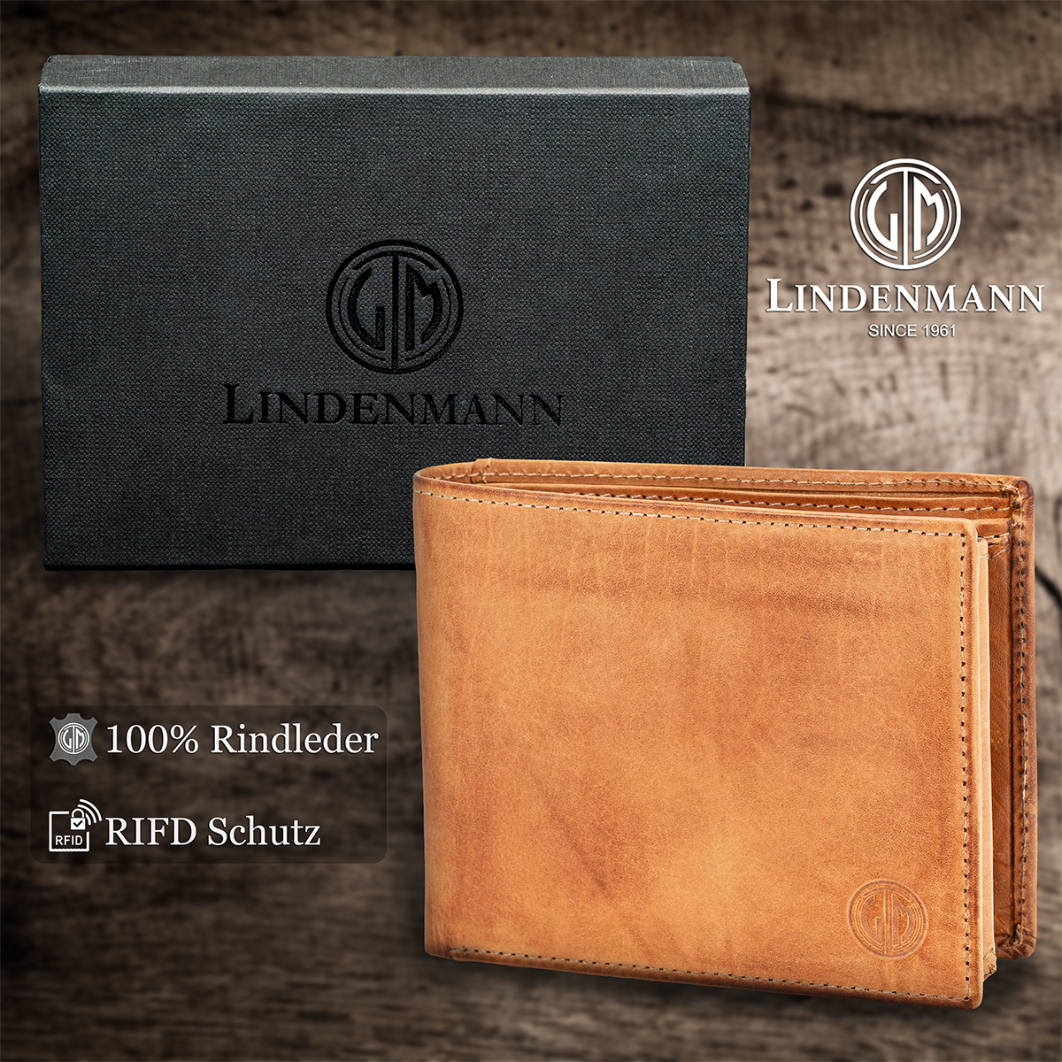 LINDENMANN Herren Leder Portemonnaie cognac