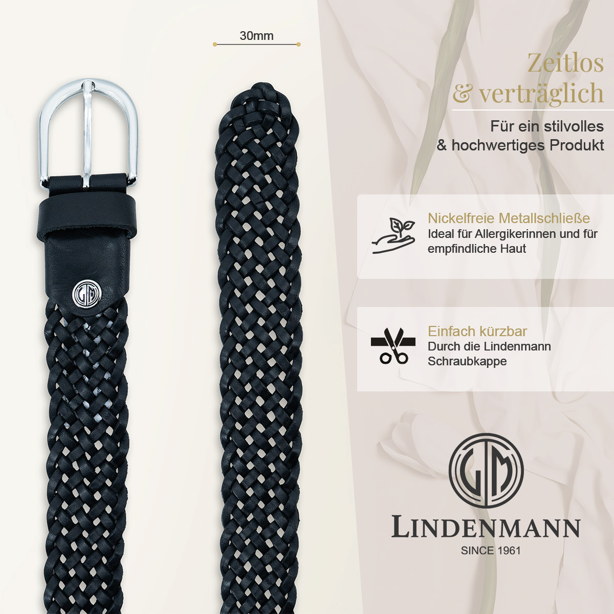 LINDENMANN Vollrindleder Damenlederflechtgürtel Tiefschwarz