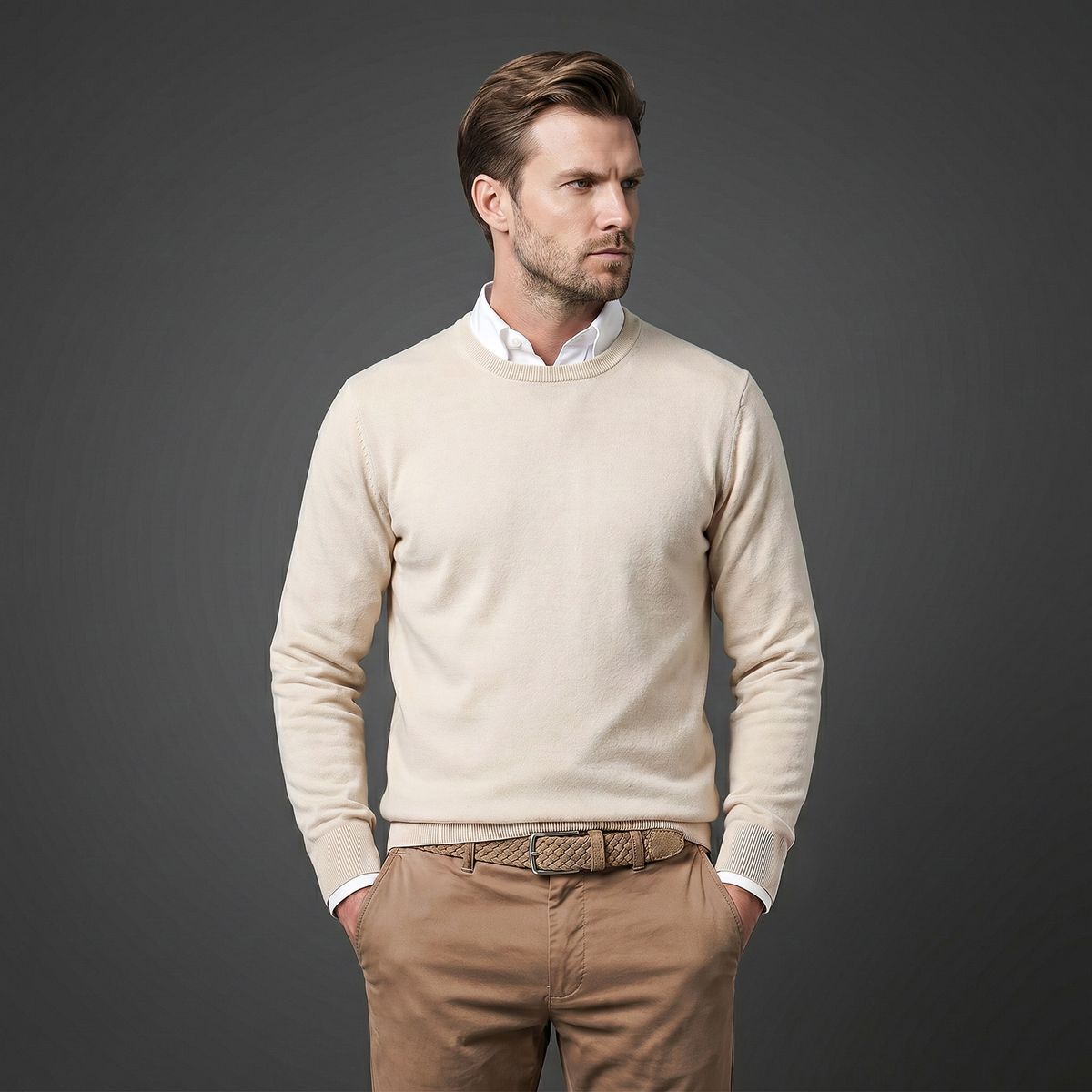 Pullover, Beige, Kastenkragen?, Crewneck, Langarm, HECHTER Paris Herren Veloursleder-Flechtgürtel aus 100% Echtleder taupe