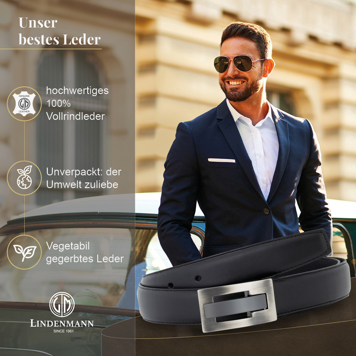 LINDENMANN Herrengürtel aus 100% Vollrindleder mit Koppelschließe schwarz
