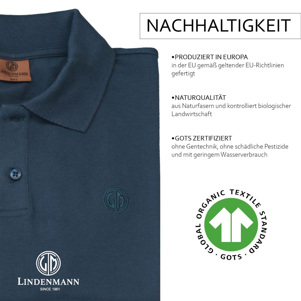 LINDENMANN Poloshirt Herren slim fit kurzarm navy blau Bio Baumwolle Made in EU