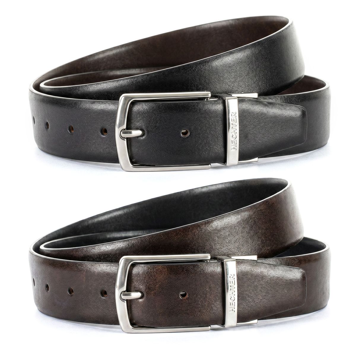 Gürtel, Leder, schwarz, metallischer Schnallen, unifarben, HECHTER Paris Herren Wendegürtel aus 100% Echtleder schwarz/dunkelbraun