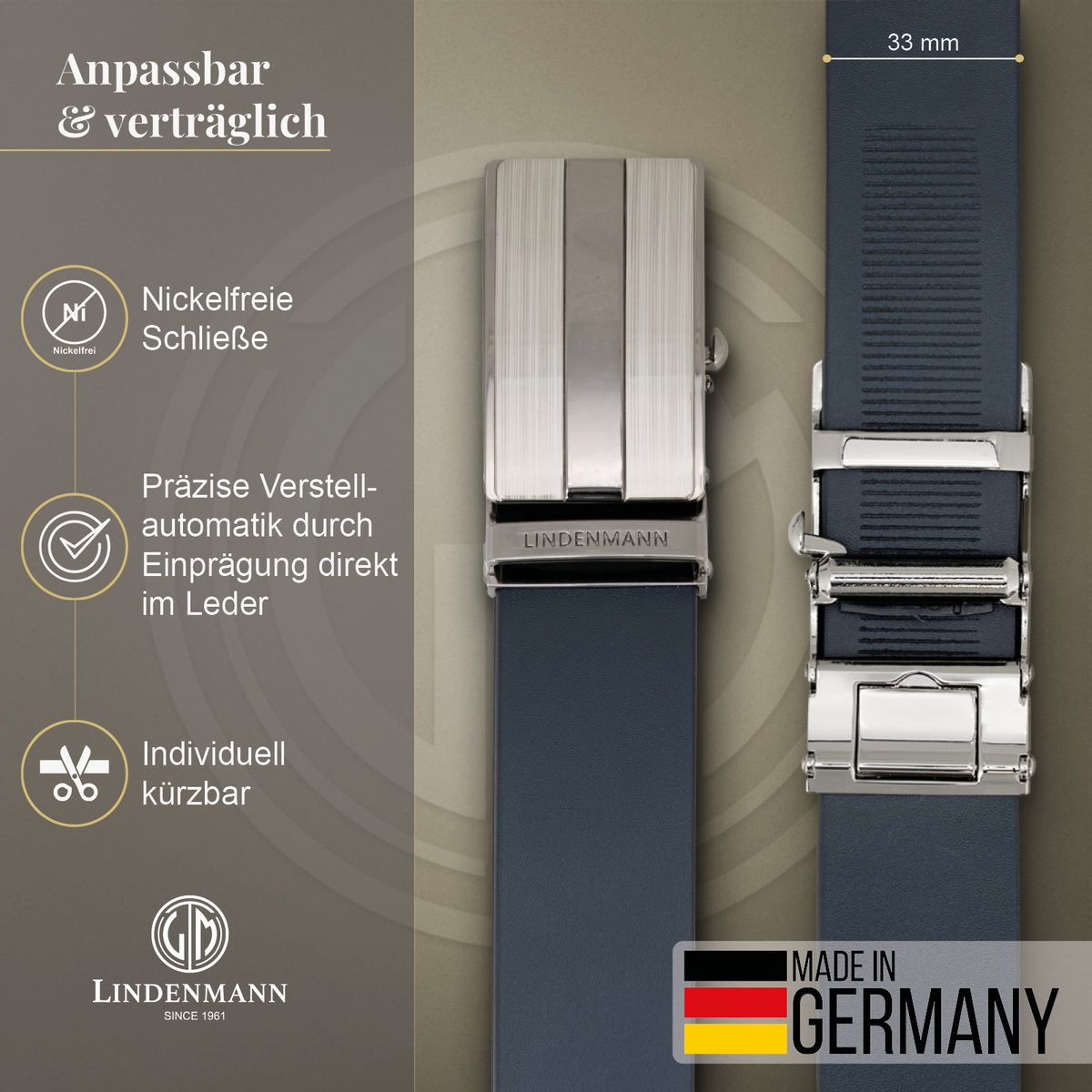 LINDENMANN Ledergürtel Automatikgürtel Herren marine