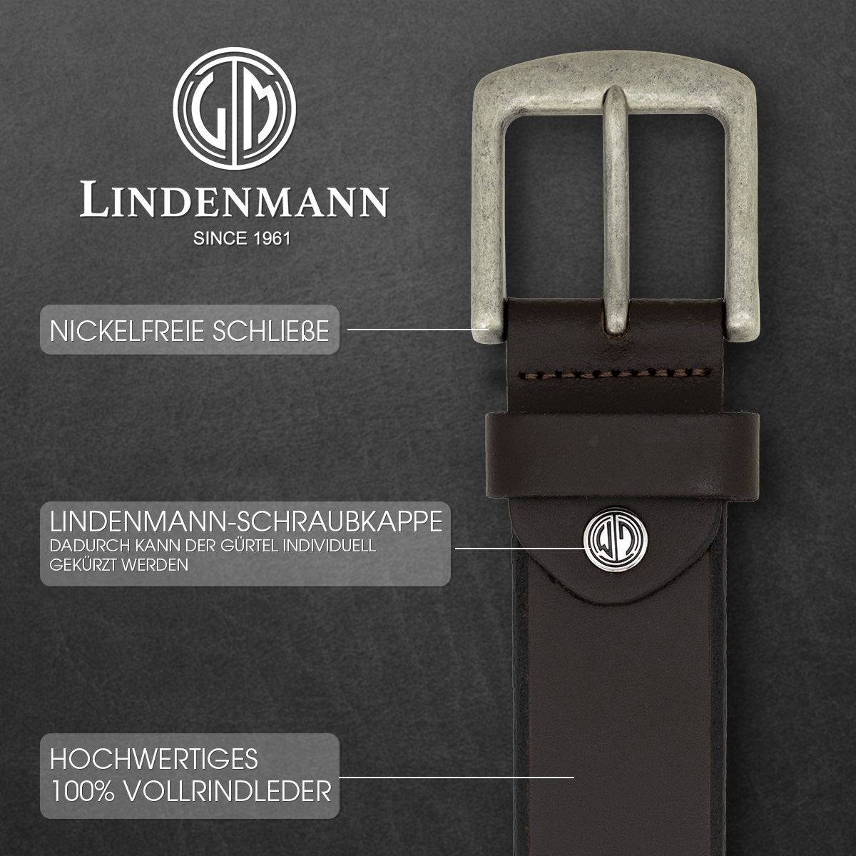 LINDENMANN Herren Vollrindledergürtel passend zu Jeanshosen im Casual-Style in dunkelbraun