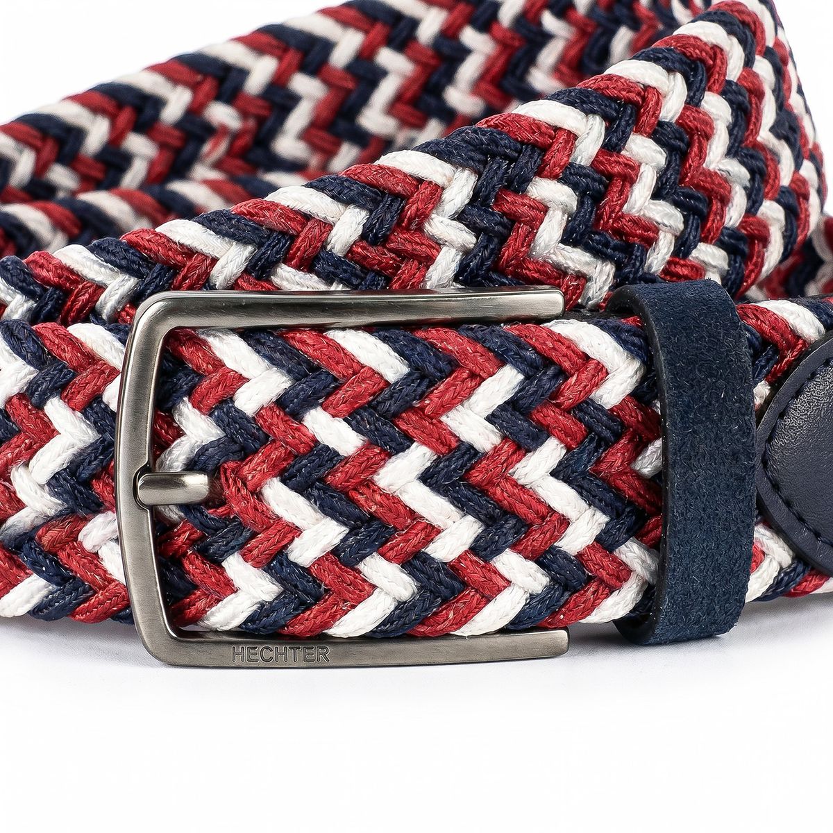 Gürtel, Geflochten, Herren, Gurtband, Rote-weiße Muster, HECHTER Paris Herren Textil-Flechtgürtel mit 100% Echtlederenden rot/weiss/marine