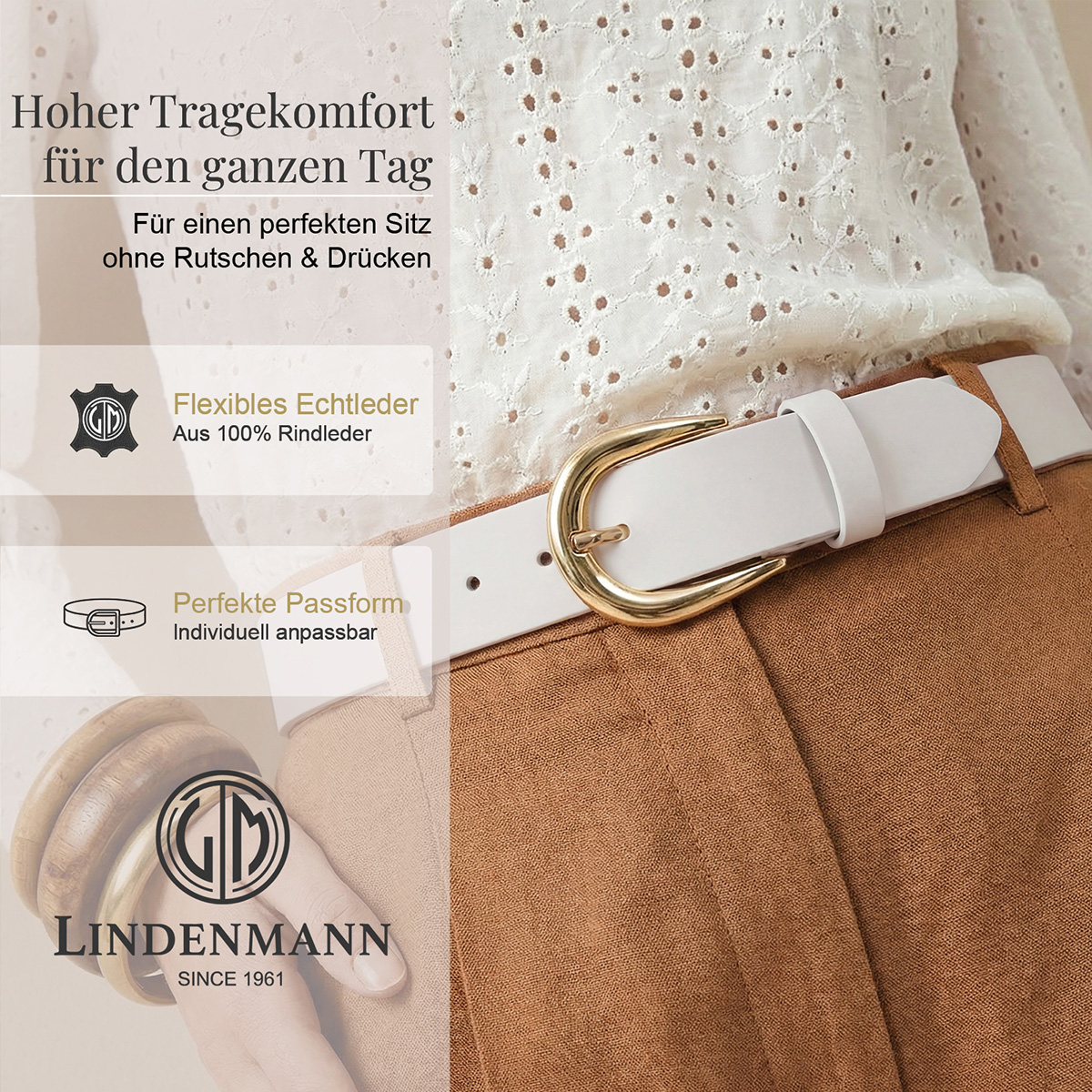 LINDENMANN Klassischer Damengürtel aus 100% Echtleder weiß