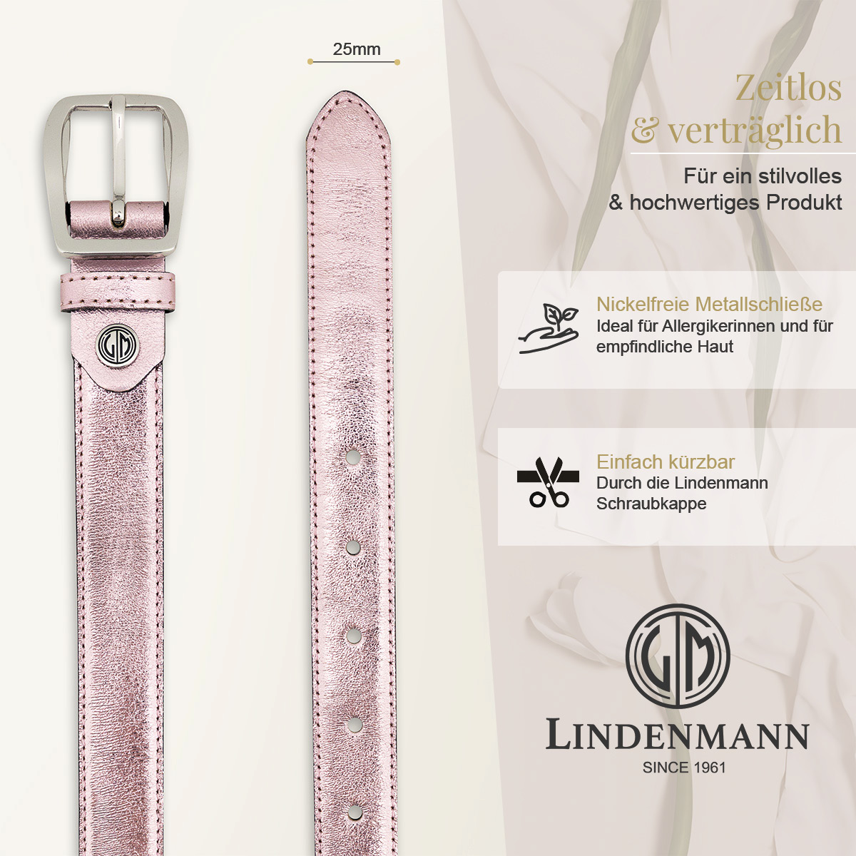 LINDENMANN Rindleder Damengürtel Rosa Metallic