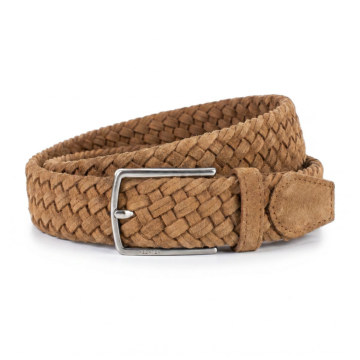 Gürtel, Braun, geflochten, Leder, Metall-Schnalle, HECHTER Paris Herren Veloursleder-Flechtgürtel aus 100% Echtleder cognac