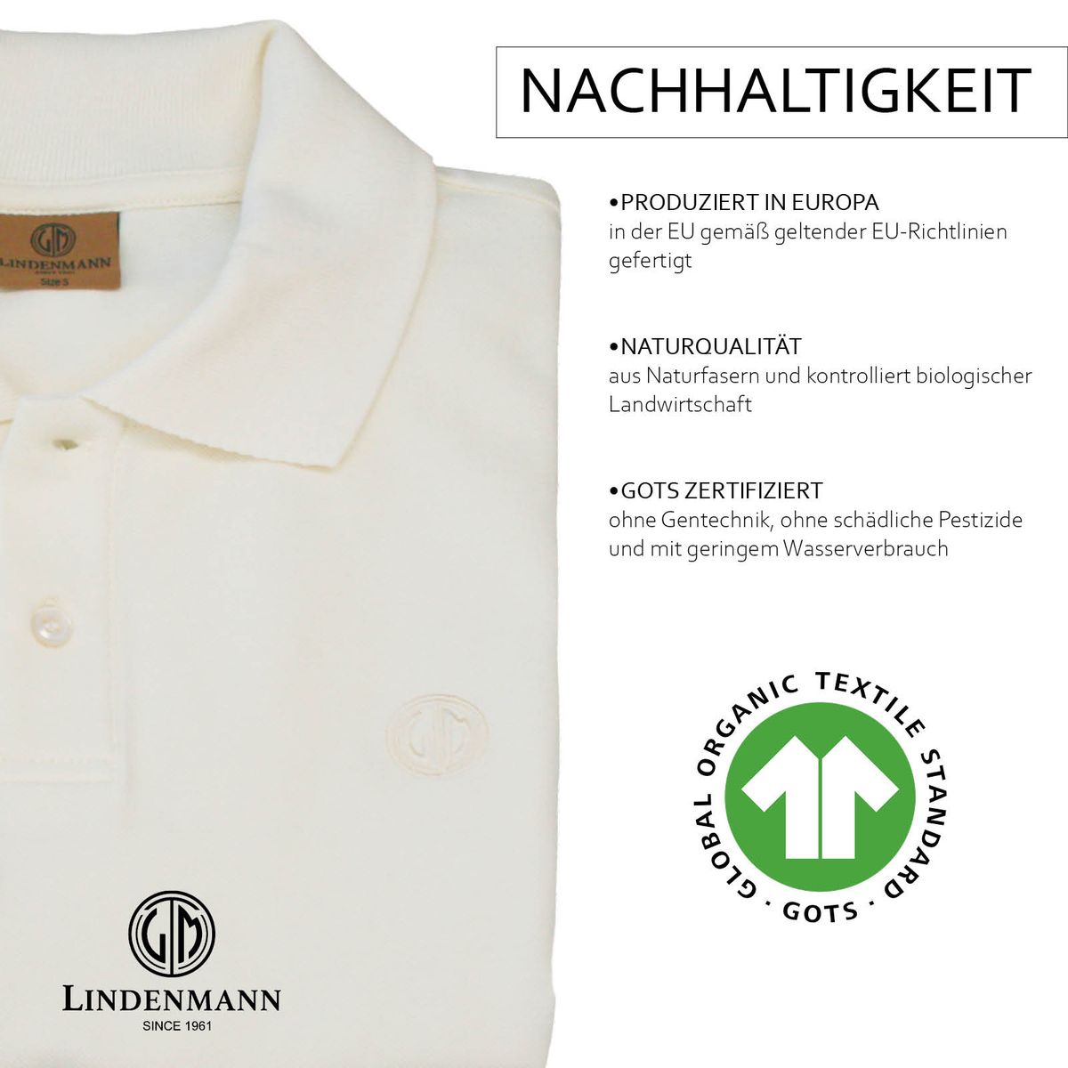 LINDENMANN Poloshirt Herren slim fit kurzarm cremeweiss Bio Baumwolle Made in EU