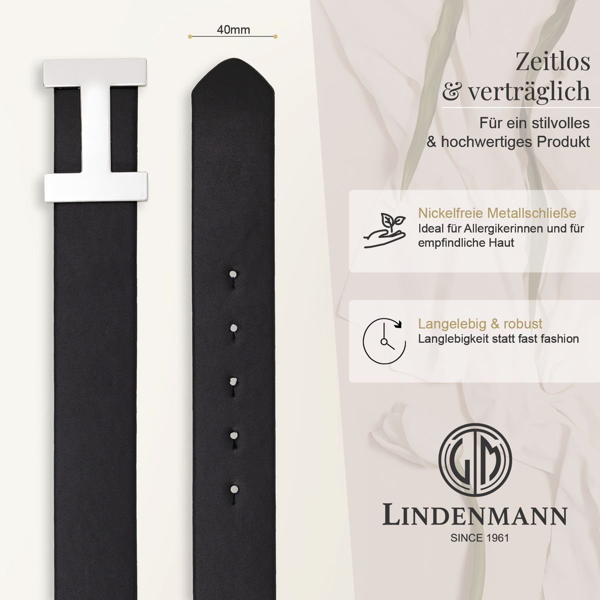 Uhrenarmband, Lederarmband, Schwarz, 40mm, Schnalle, LINDENMANN Damenkoppelgürtel aus 100% echtem Rindleder schwarz