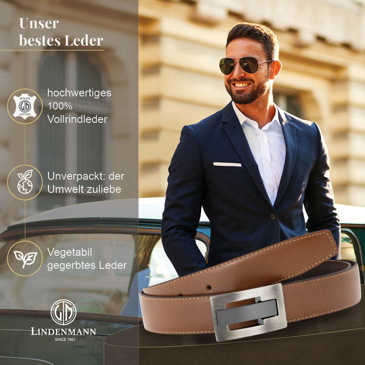 LINDENMANN Herrengürtel aus 100% Vollrindleder mit Koppelschließe cognac