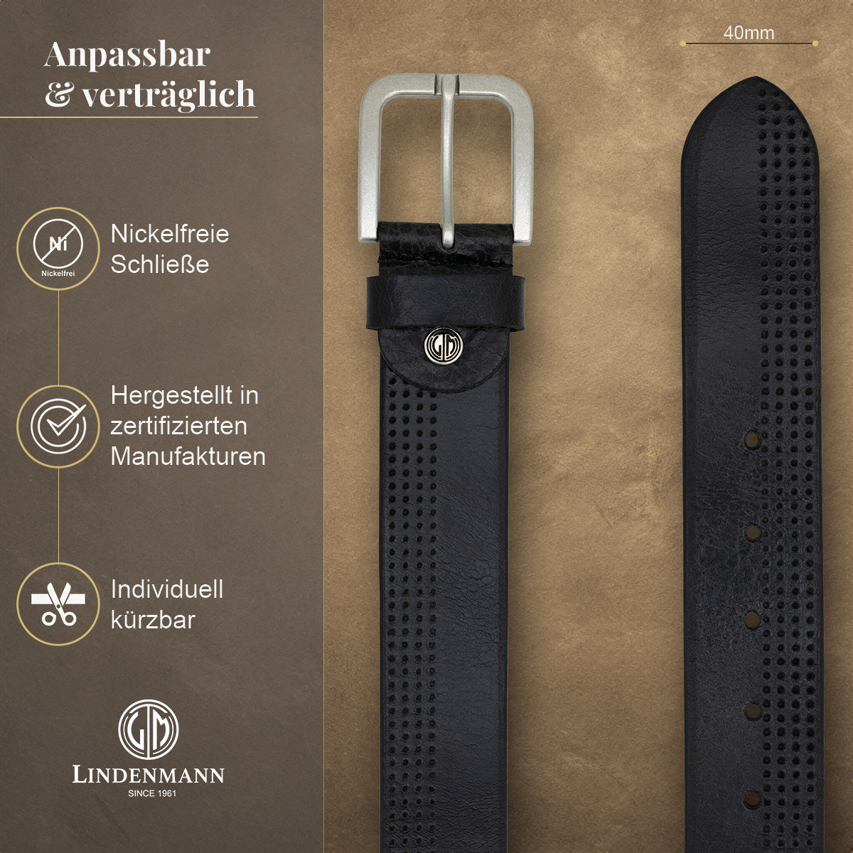 LINDENMANN Vollrindledergürtel Herren Tiefschwarz