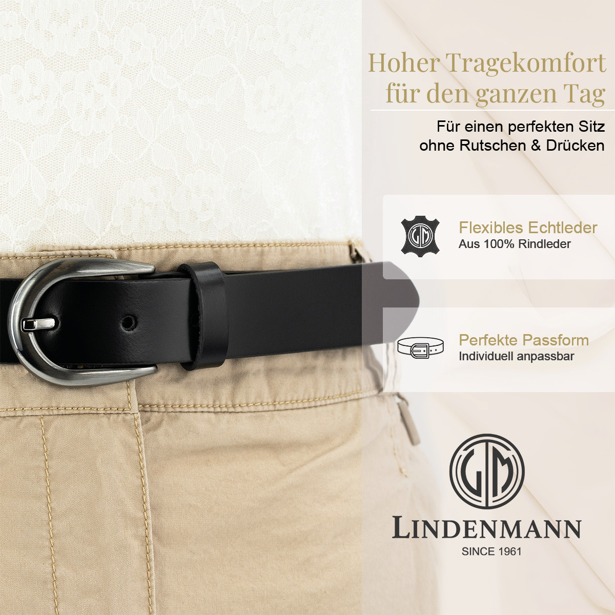 LINDENMANN Rindsleder Damengürtel Tiefschwarz