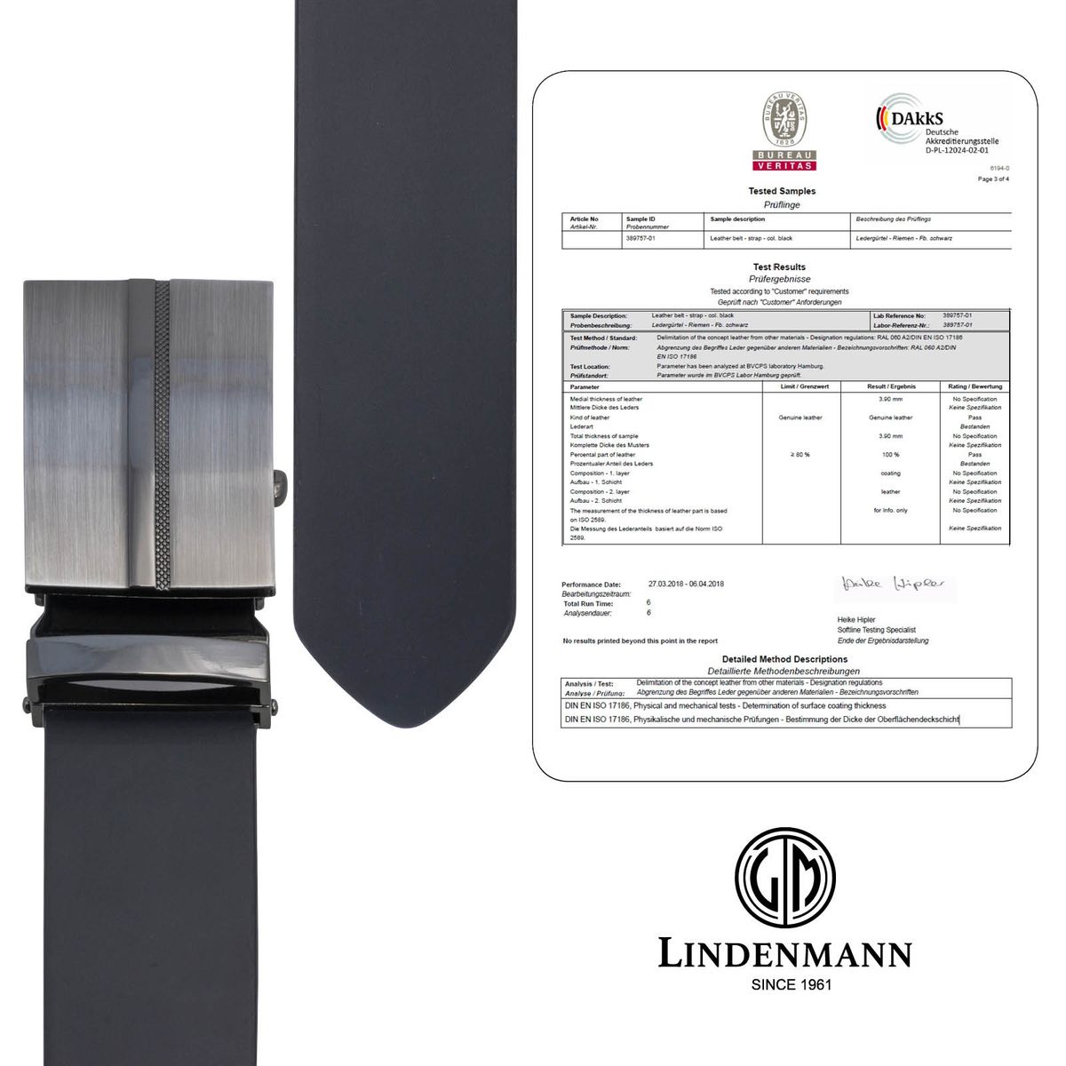 LINDENMANN Leder-Gürtel Herren Automatik 40 mm Rindleder schwarz