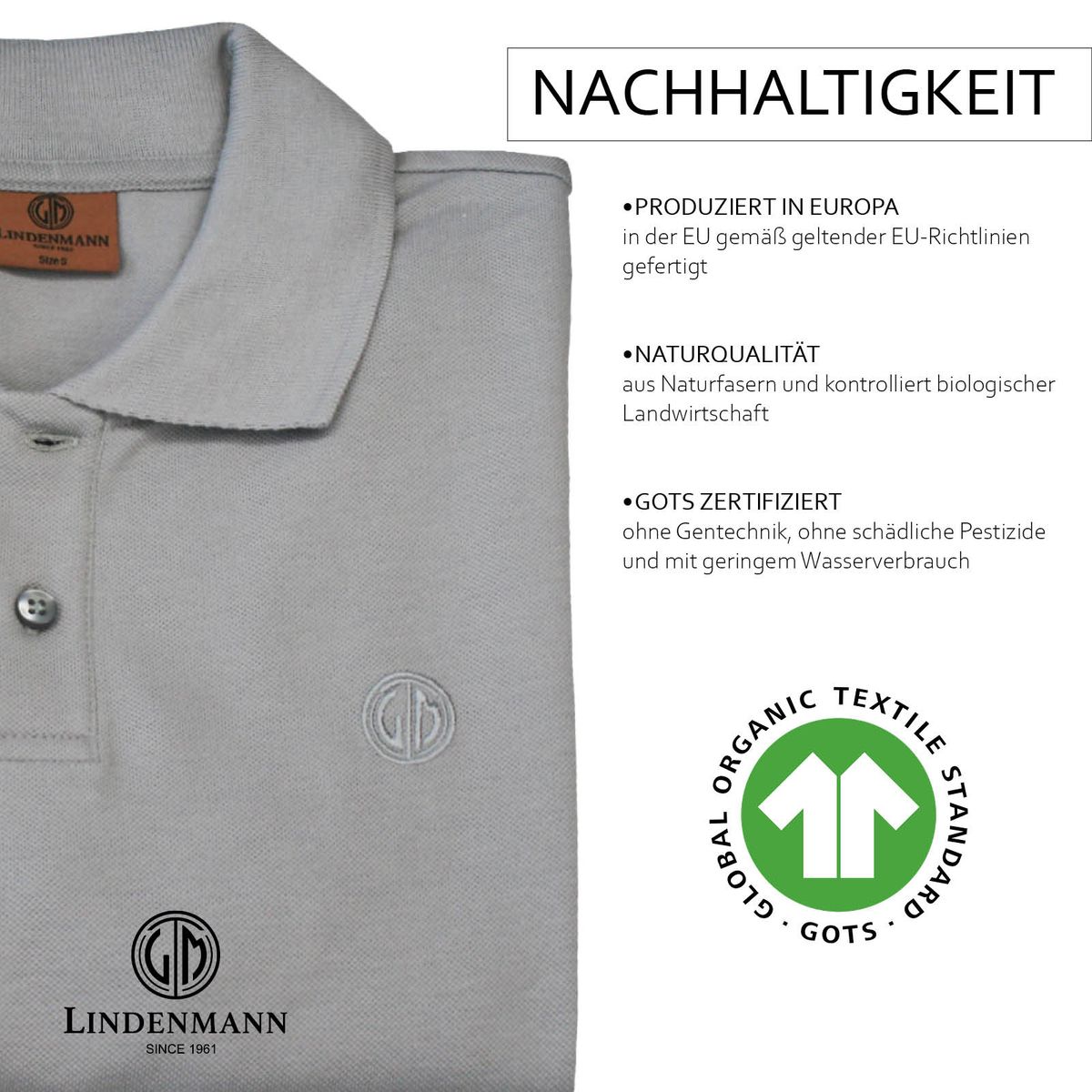 LINDENMANN Poloshirt Herren kurzarm grau Bio Baumwolle Made in EU