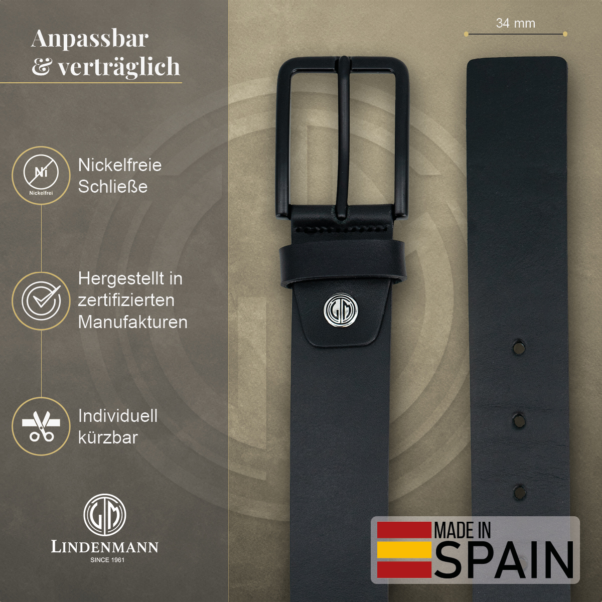 LINDENMANN Herren Jeansgürtel Echtleder schwarz
