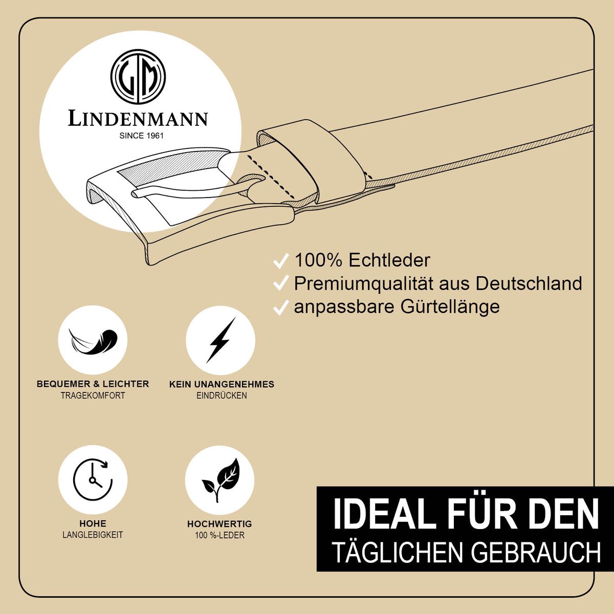 LINDENMANN Leder-Gürtel Herren, Gürtel Herren mit Automatik-Koppelschließe 33 mm breit schwarz
