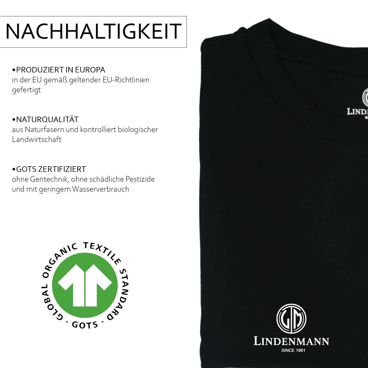 LINDENMANN T-Shirt Rundhalsausschnitt Bio-Baumwolle Herren Schwarz