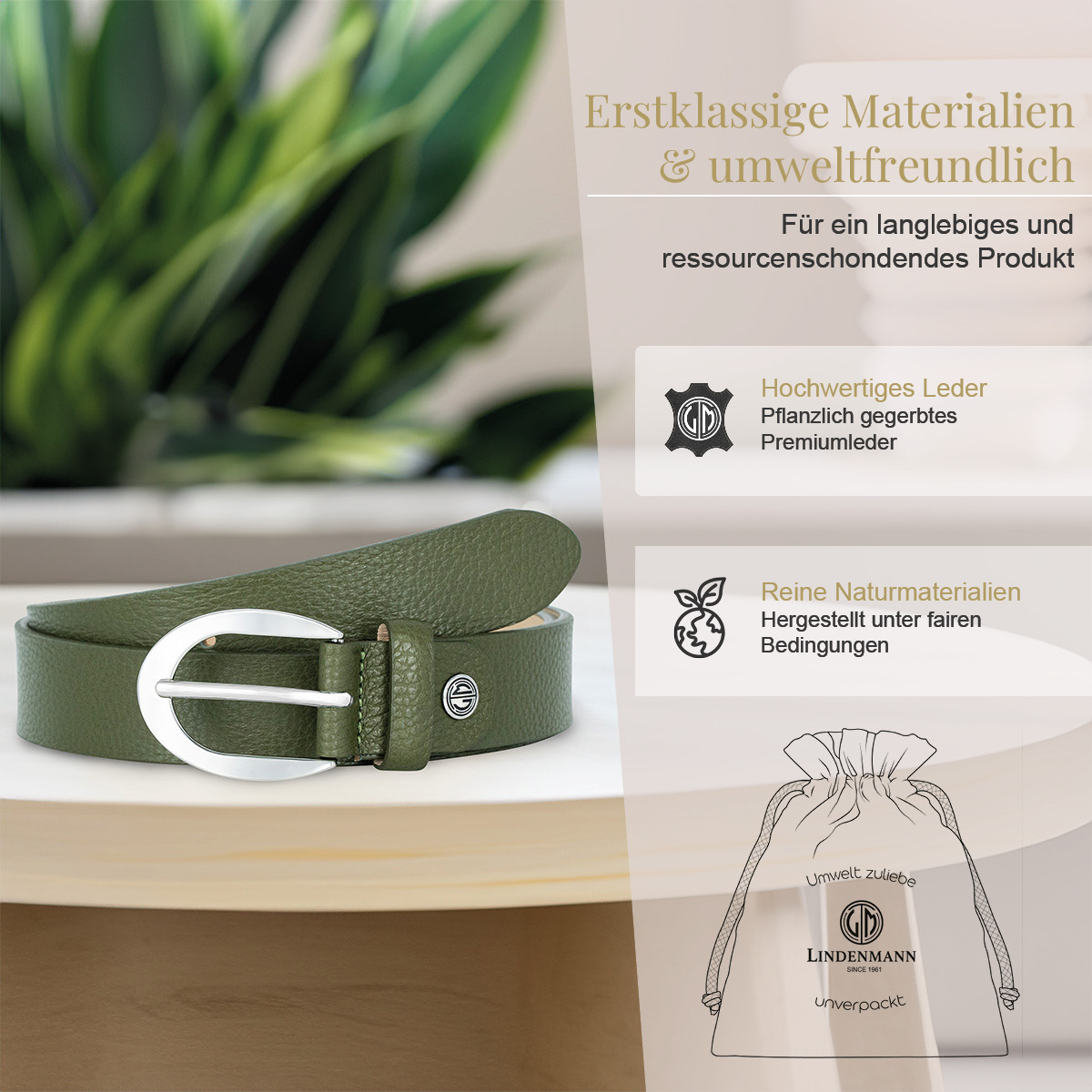 LINDENMANN Vollrindleder Damengürtel Olivgrün