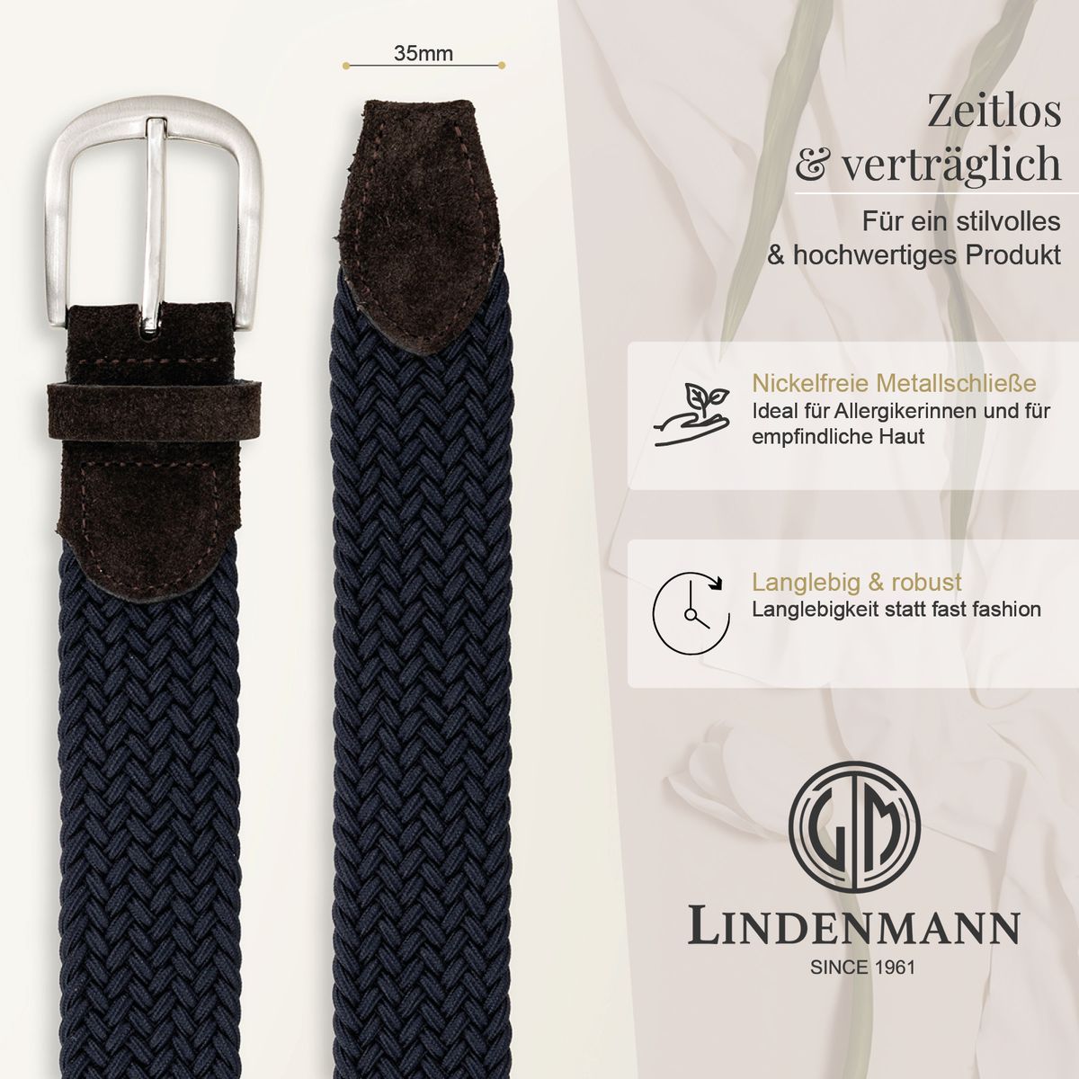 Gürtel, Webgurt, Nylon-Gurt, 3 cm Breite, nickelfrei, LINDENMANN Damen Flechtgürtel mit 100% echtem Rindleder an den Enden marine