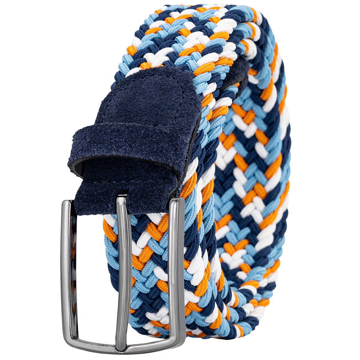 Kautschuk, Gürtel, Geflochten, Multicolor, Textilgürtel, LINDENMANN Herren Flechtgürtel mit Echtleder an den Enden mehrfarbig: marine, jeansblau, orange